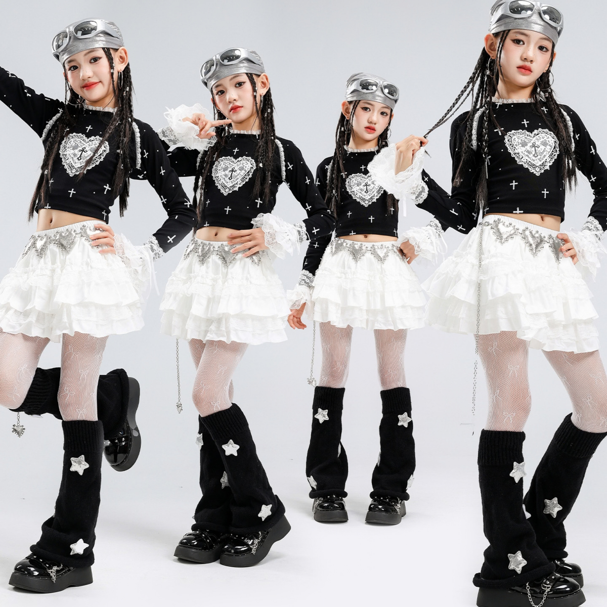 GIRLS ブラックハート ホワイトティアードスカートセットアップ キッズダンス衣装 商品画像5
