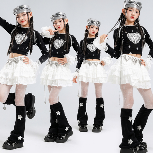 GIRLS ブラックハート ホワイトティアードスカートセットアップ キッズダンス衣装 商品画像5