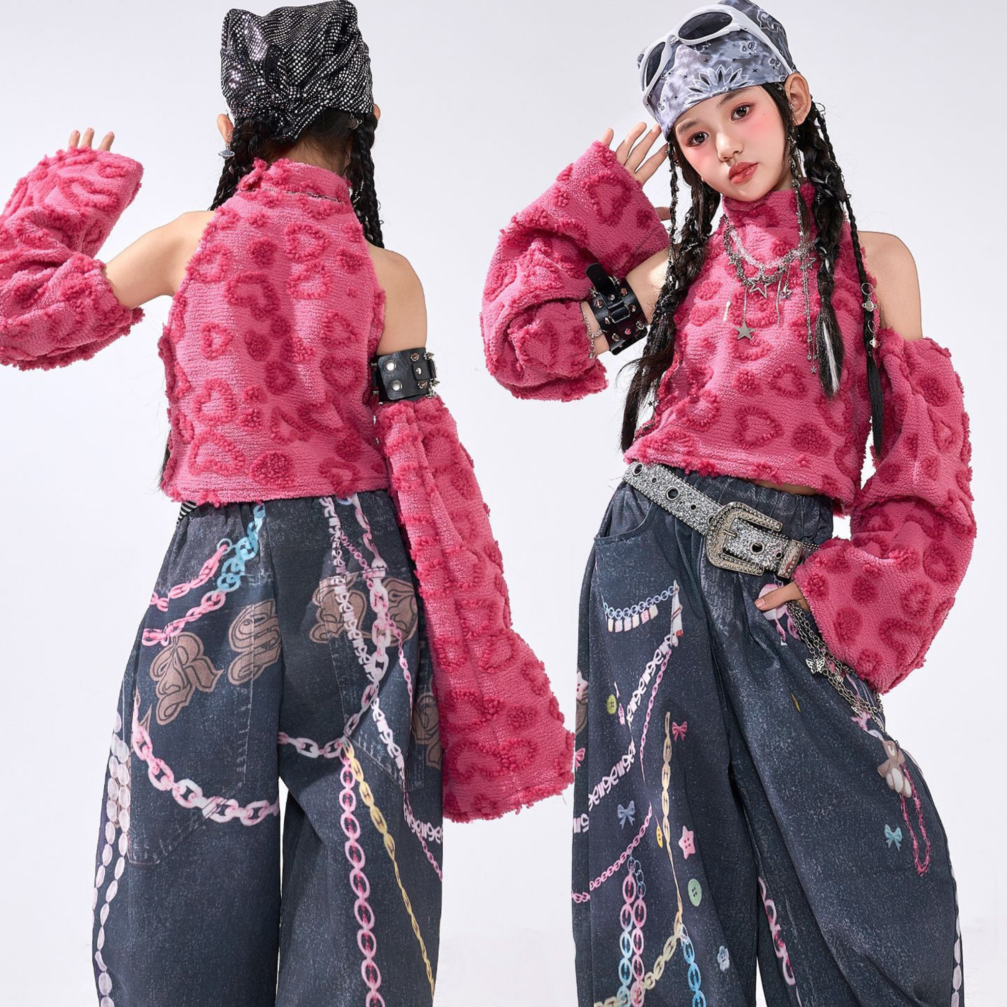 GIRLS ピンクレオパード チェーンデニムワイドパンツセットアップ キッズダンス衣装