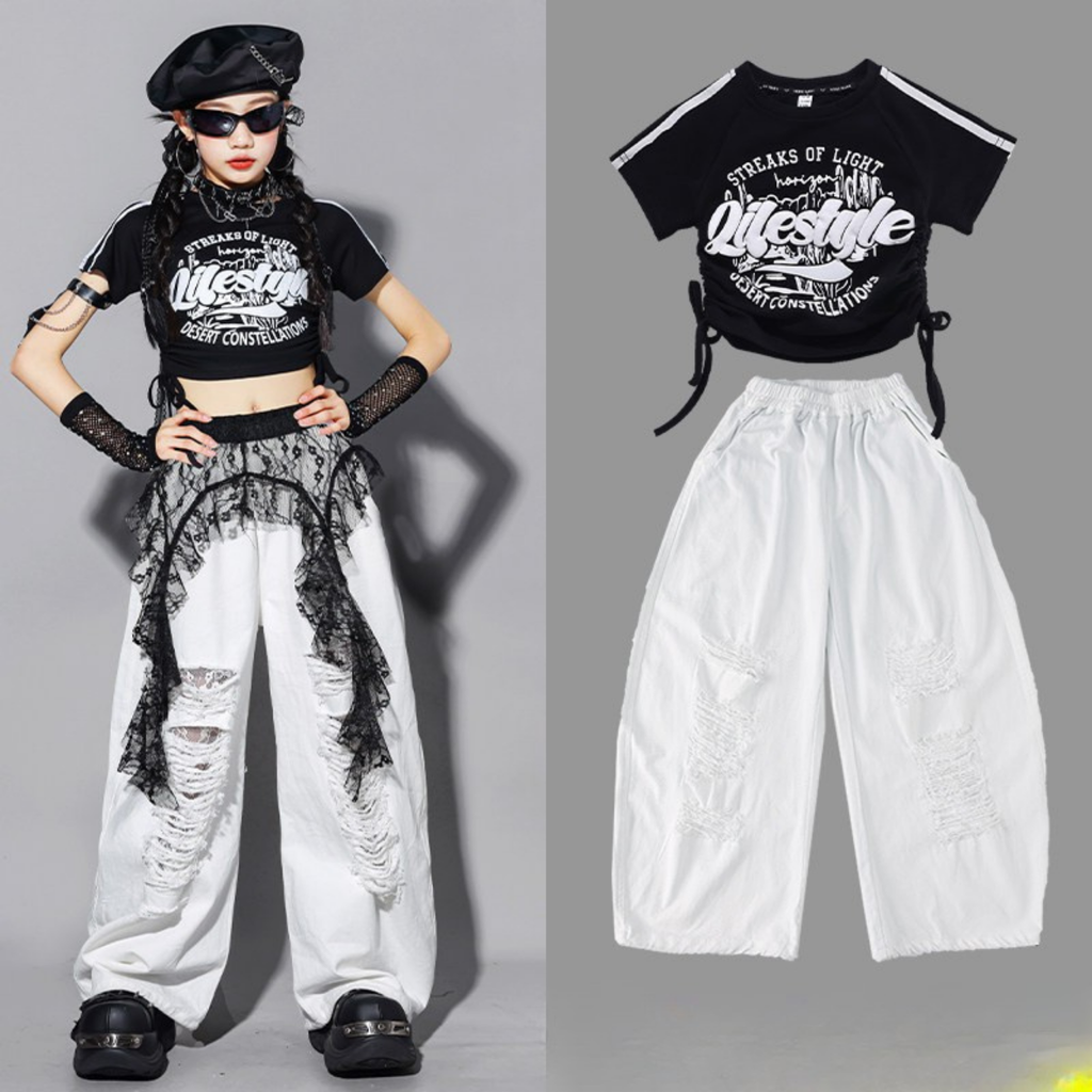 HIPHOP ブラックロゴ ホワイトワイドパンツセットアップ キッズダンス衣装