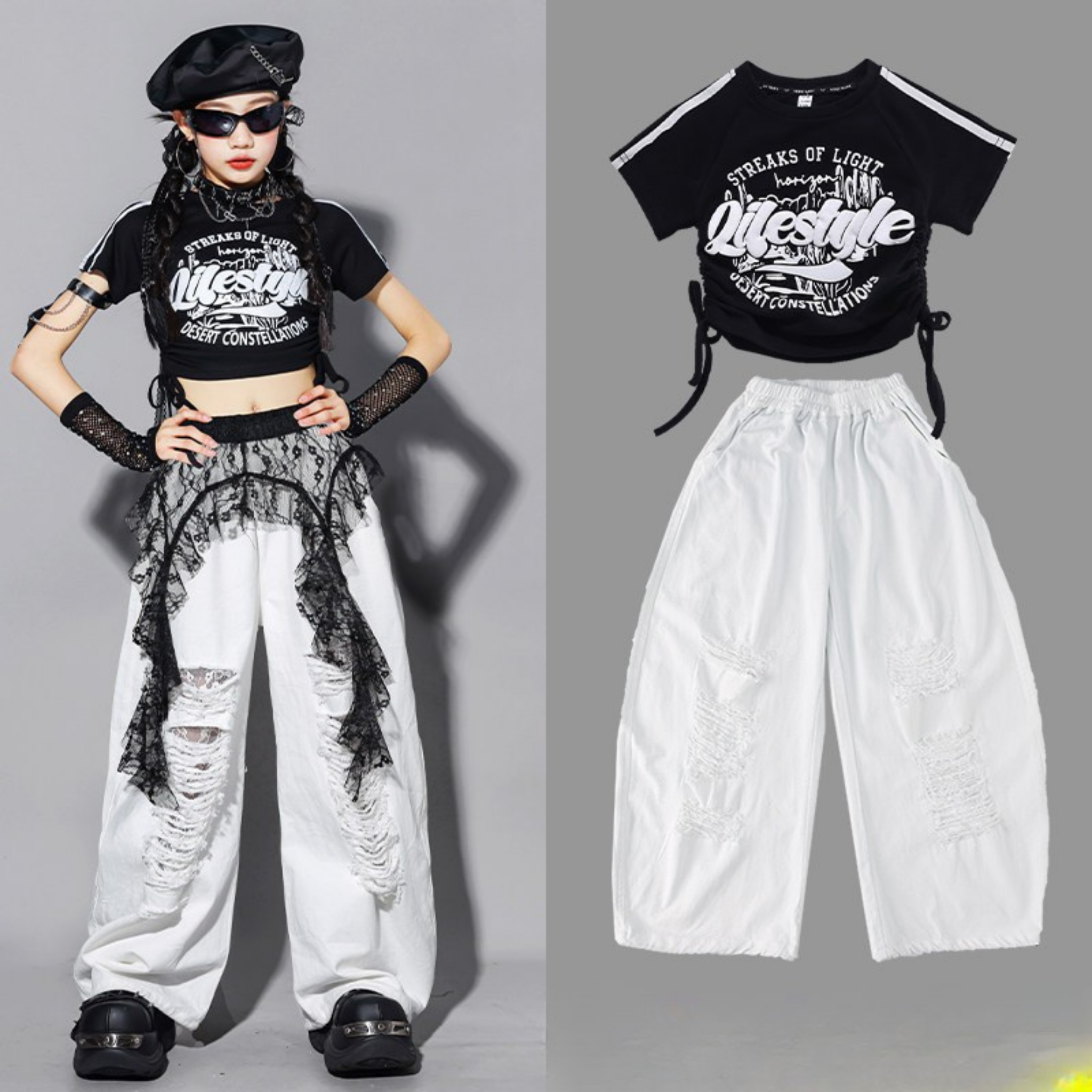 HIPHOP ブラックロゴ ホワイトワイドパンツセットアップ キッズダンス衣装