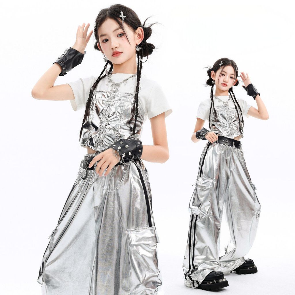 K-POP メタリックシルバー ワイドパンツセットアップ キッズダンス衣装