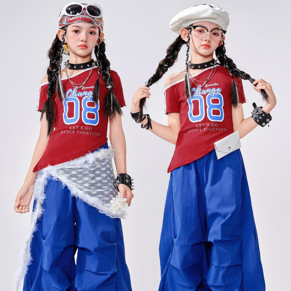 GIRLS レッドナンバー ブルーカーゴセットアップ キッズダンス衣装
