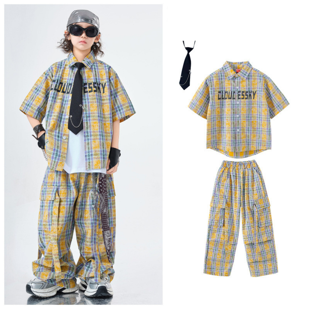 STREET イエローチェック ワイドパンツセットアップ キッズダンス衣装
