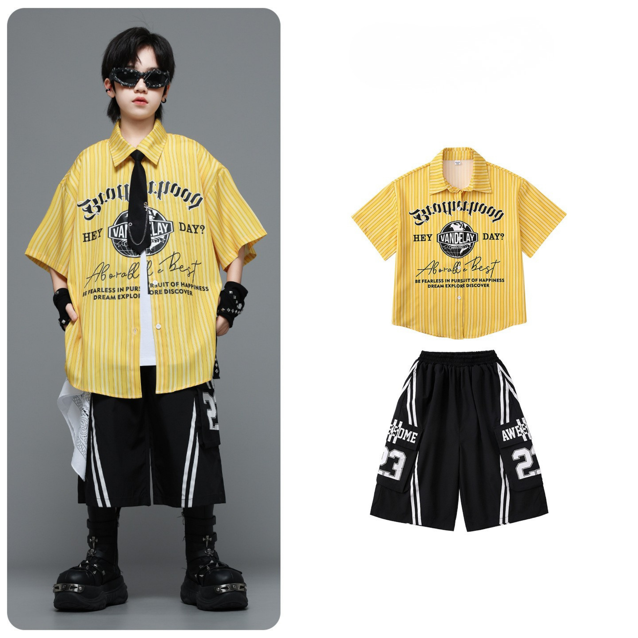 HIPHOP イエローストライプ ハーフパンツセットアップ キッズダンス衣装