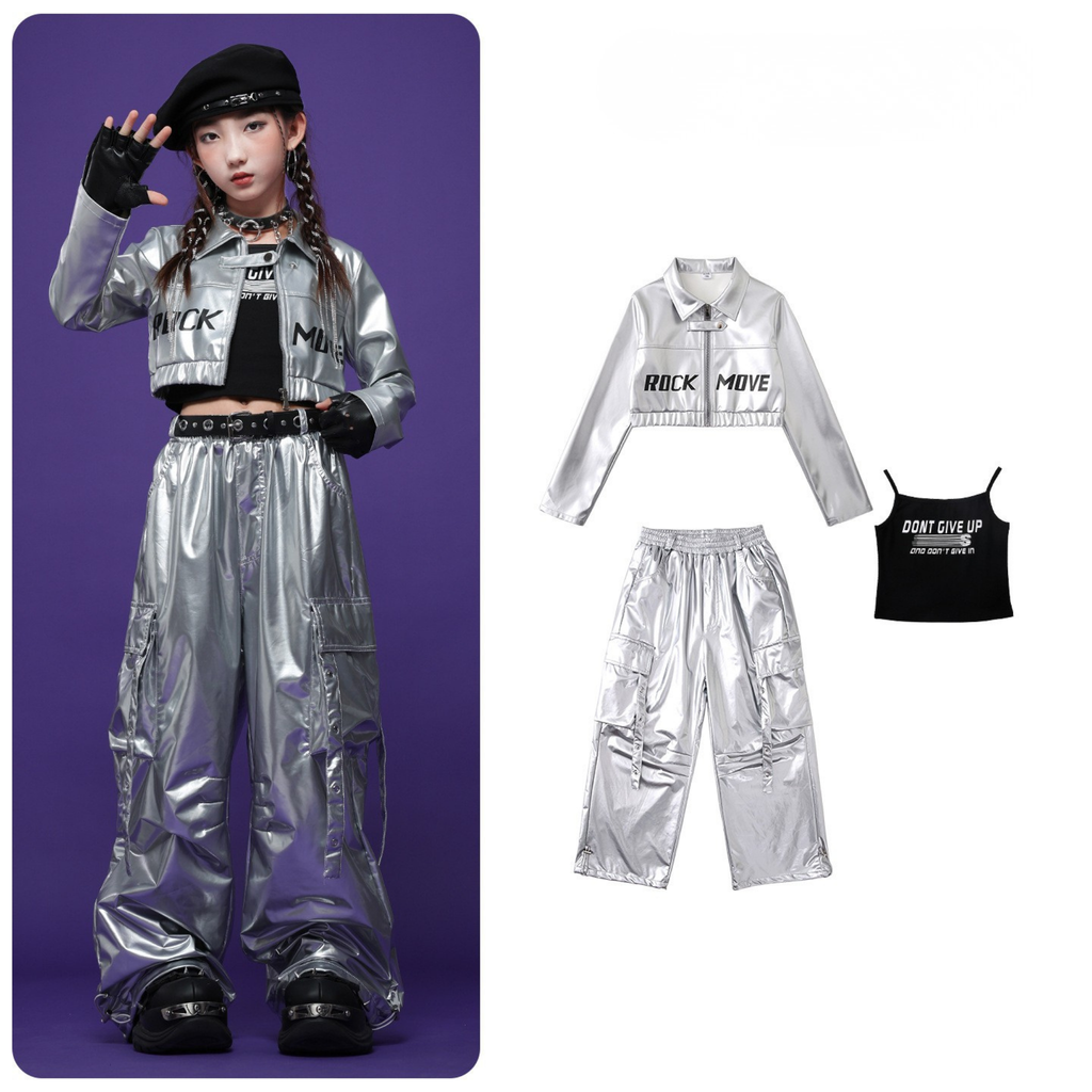 HIPHOP メタリックレザー カーゴセットアップ キッズダンス衣装