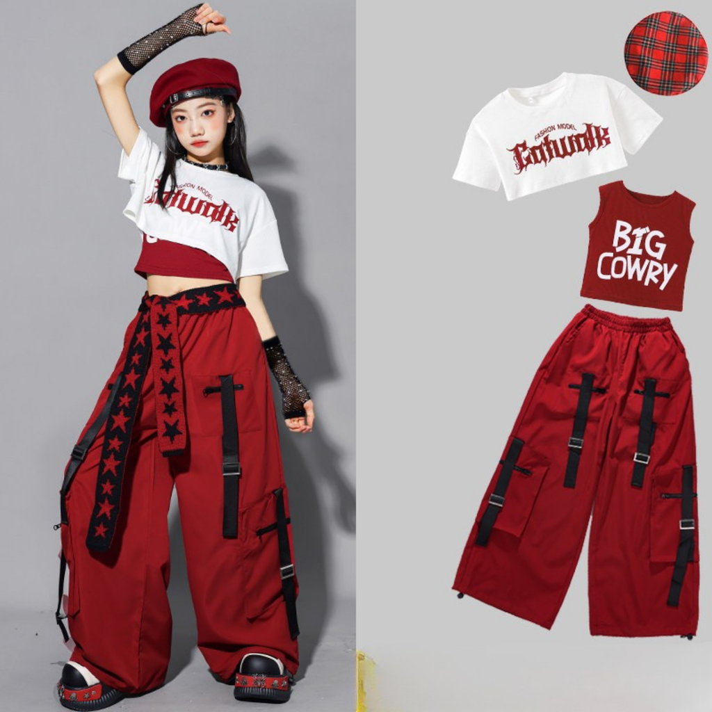 HIPHOP レッドストラップ カーゴパンツセットアップ キッズダンス衣装