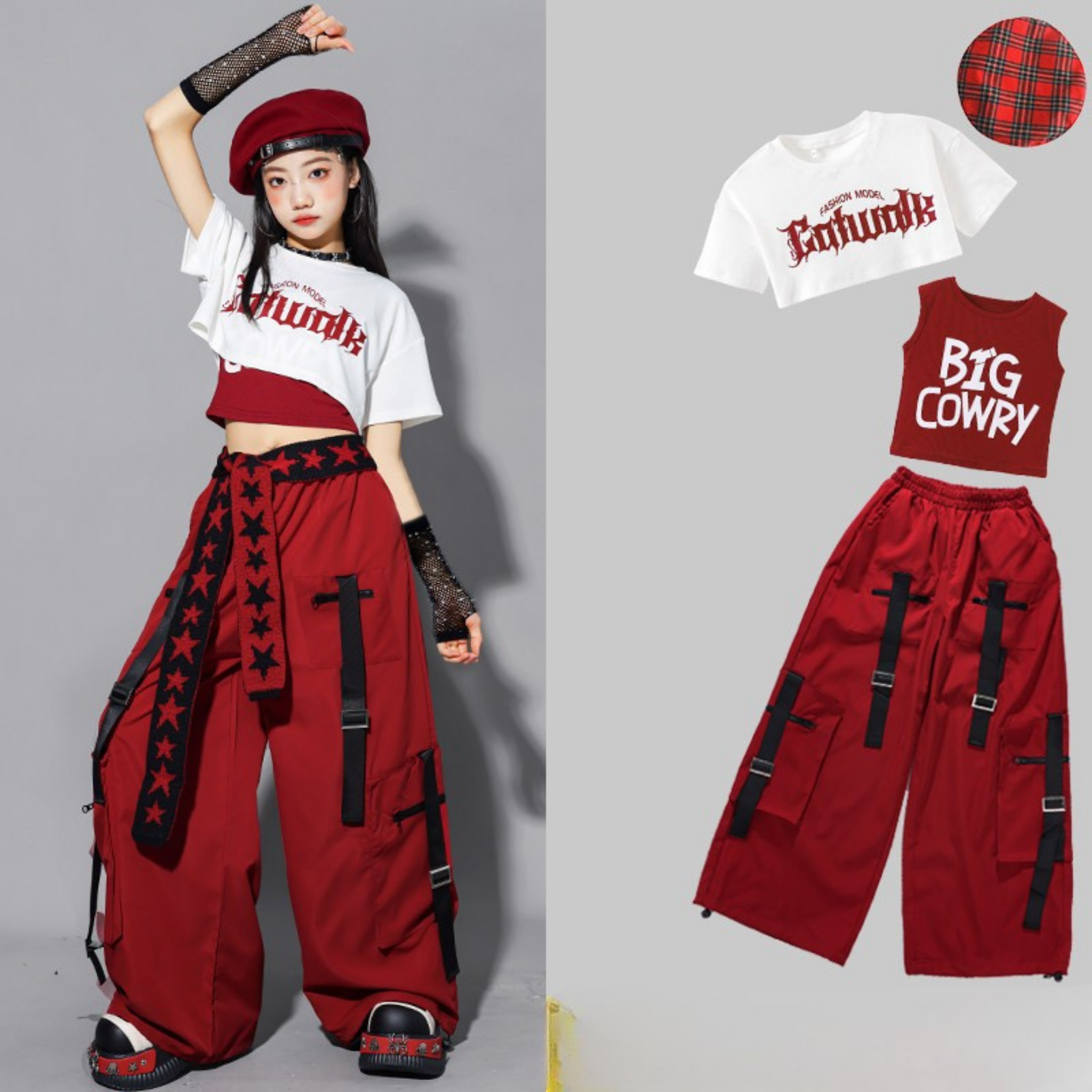 HIPHOP レッドストラップ カーゴパンツセットアップ キッズダンス衣装