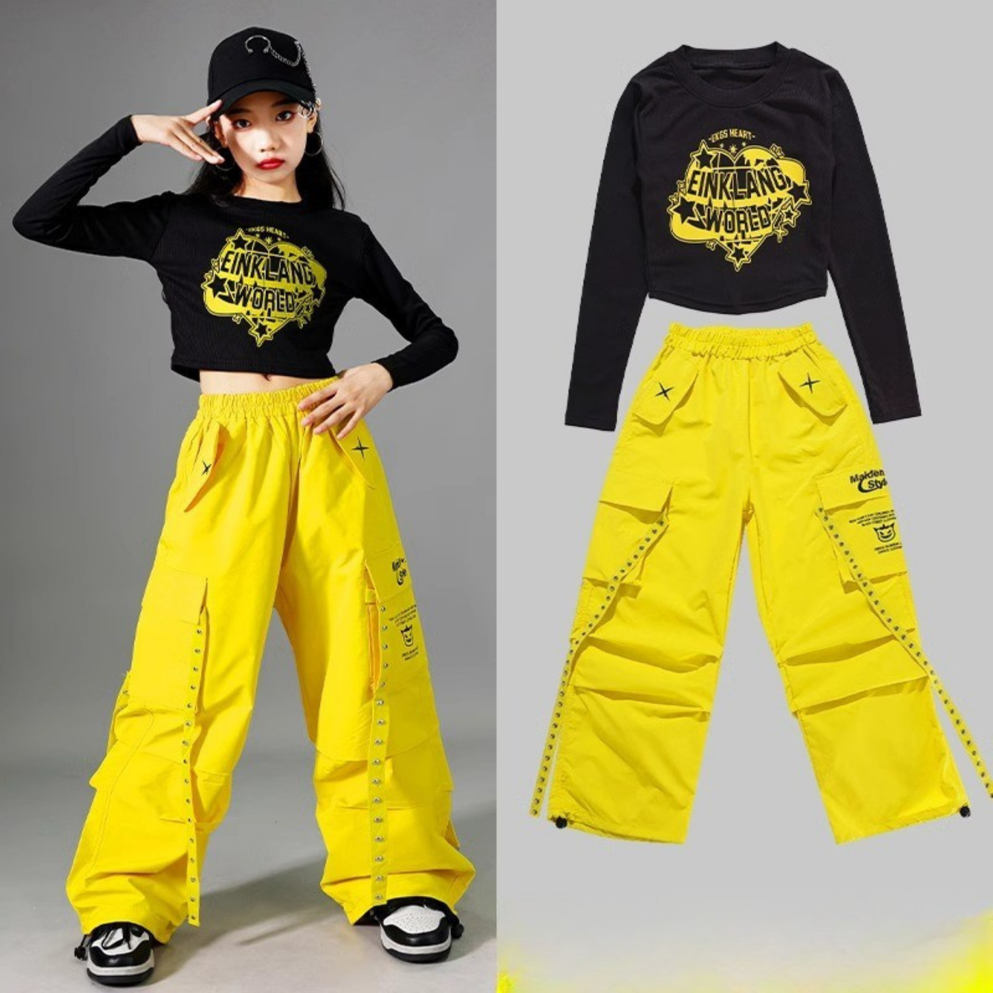 HIPHOP ブラックイエロー ワイドパンツセットアップ キッズダンス衣装