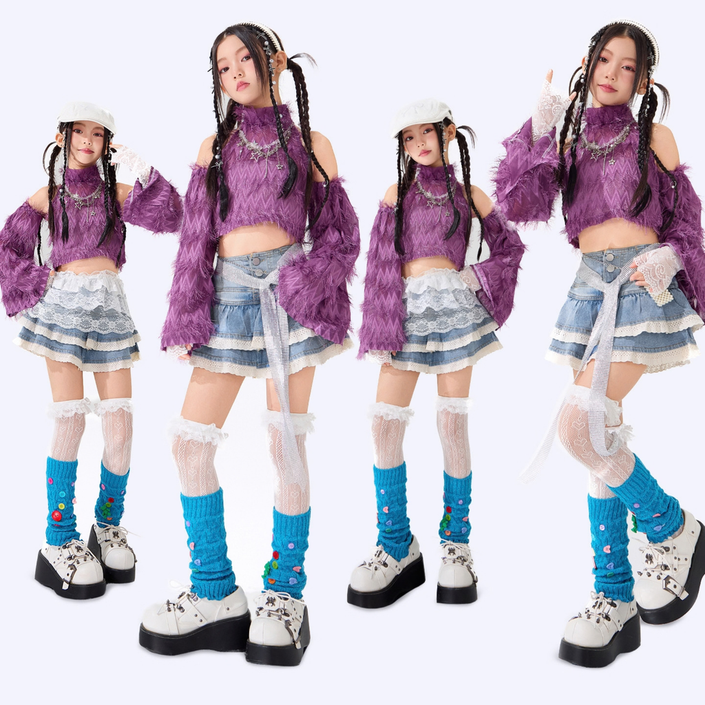 GIRLS パープルシャギー デニムフリルスカートセットアップ キッズダンス衣装 着用イメージ