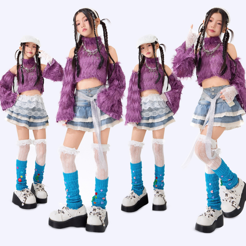 GIRLS パープルシャギー デニムフリルスカートセットアップ キッズダンス衣装 着用イメージ
