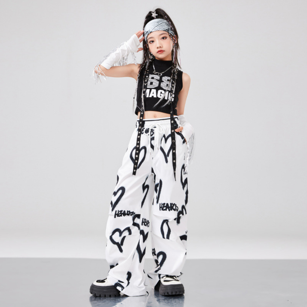 HIPHOP ブラックハート ワイドパンツセットアップ キッズダンス衣装