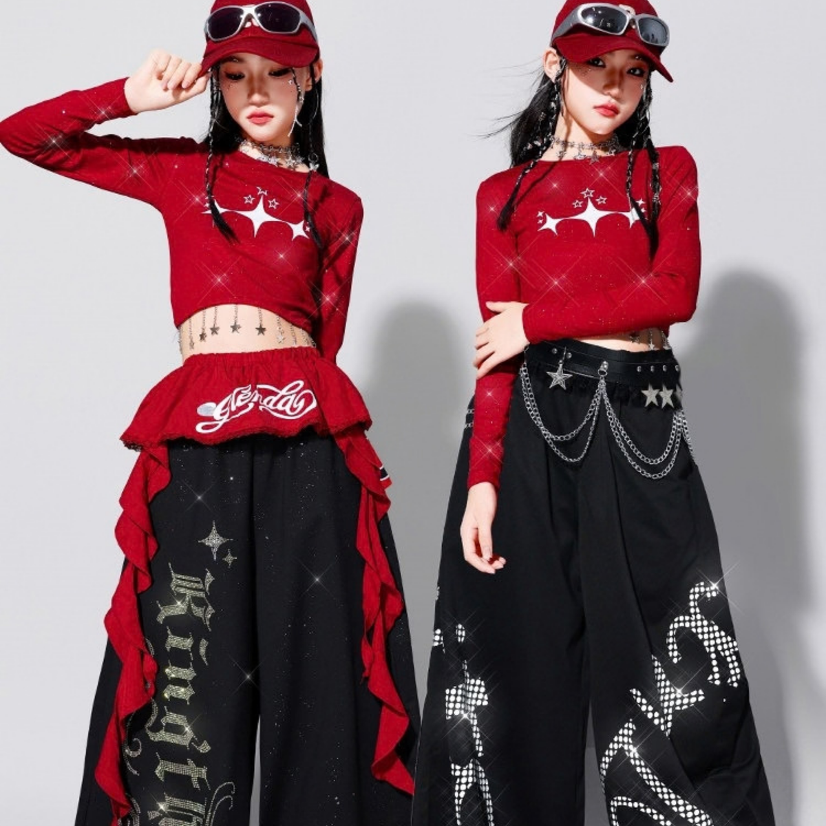 HIPHOP レッドクロップトップ グラフィックワイドパンツ セットアップ 商品画像8