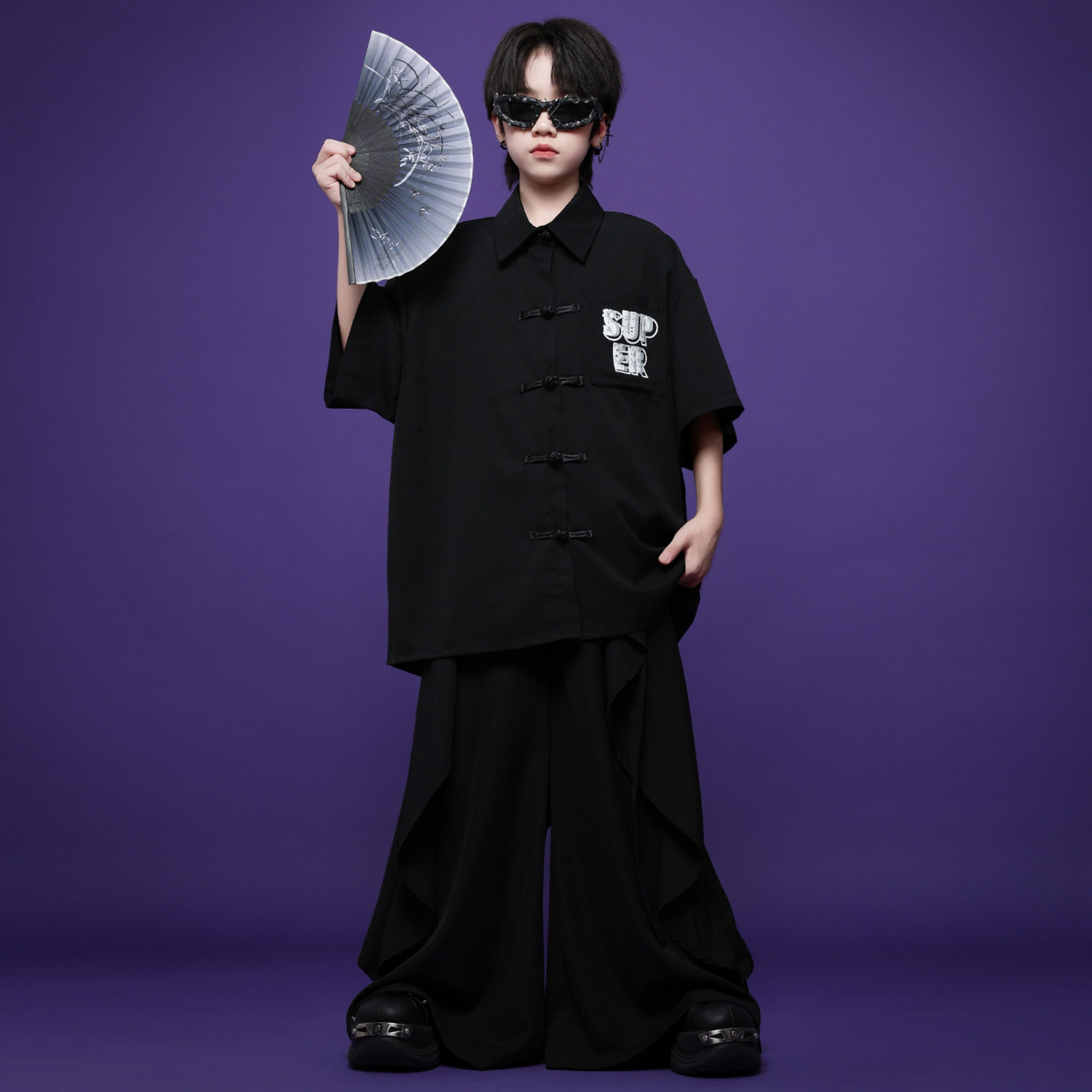 HIPHOP ブラックチャイナボタン ワイドパンツセットアップ キッズダンス衣装
