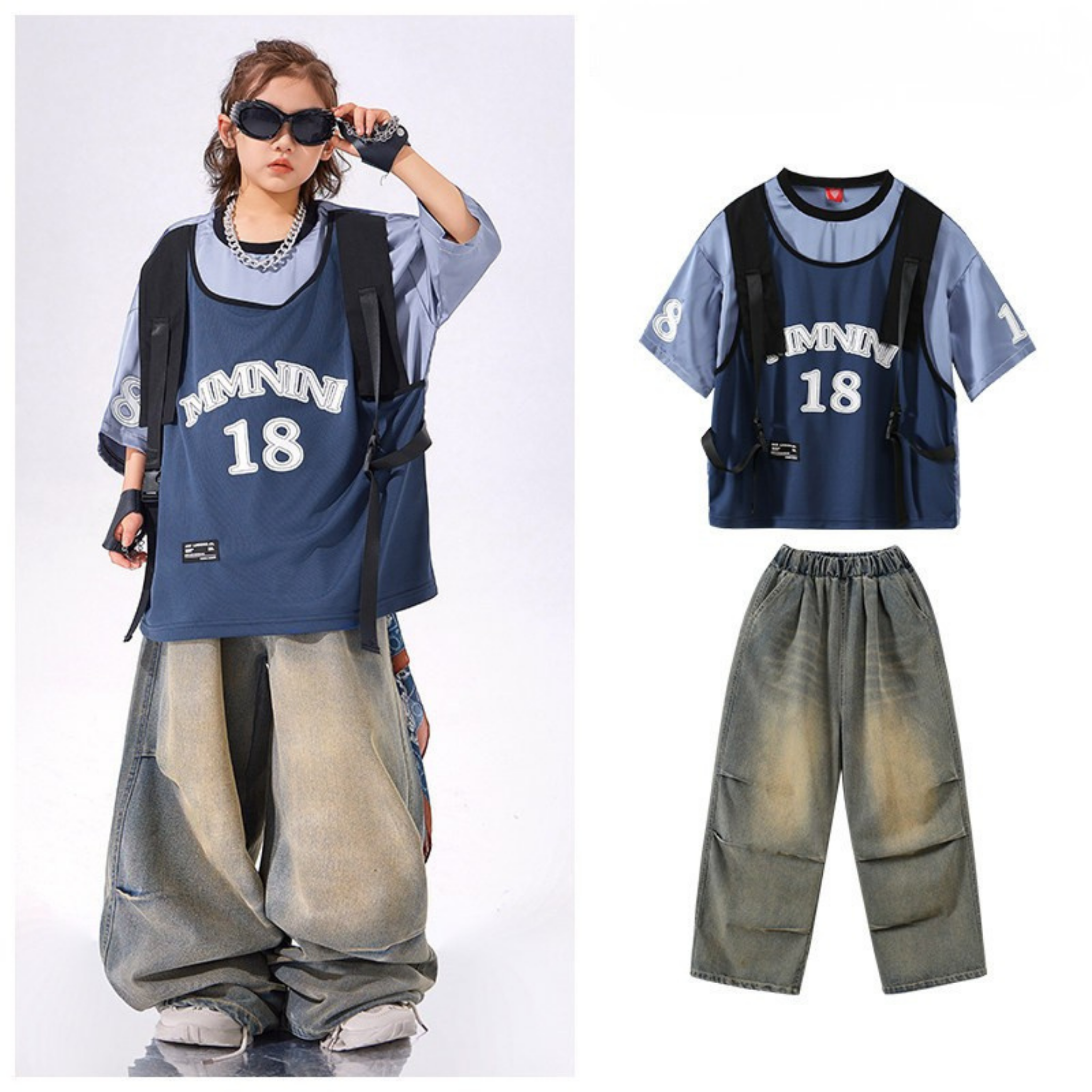 STREET ブルーナンバー デニムワイドパンツセットアップ キッズダンス衣装