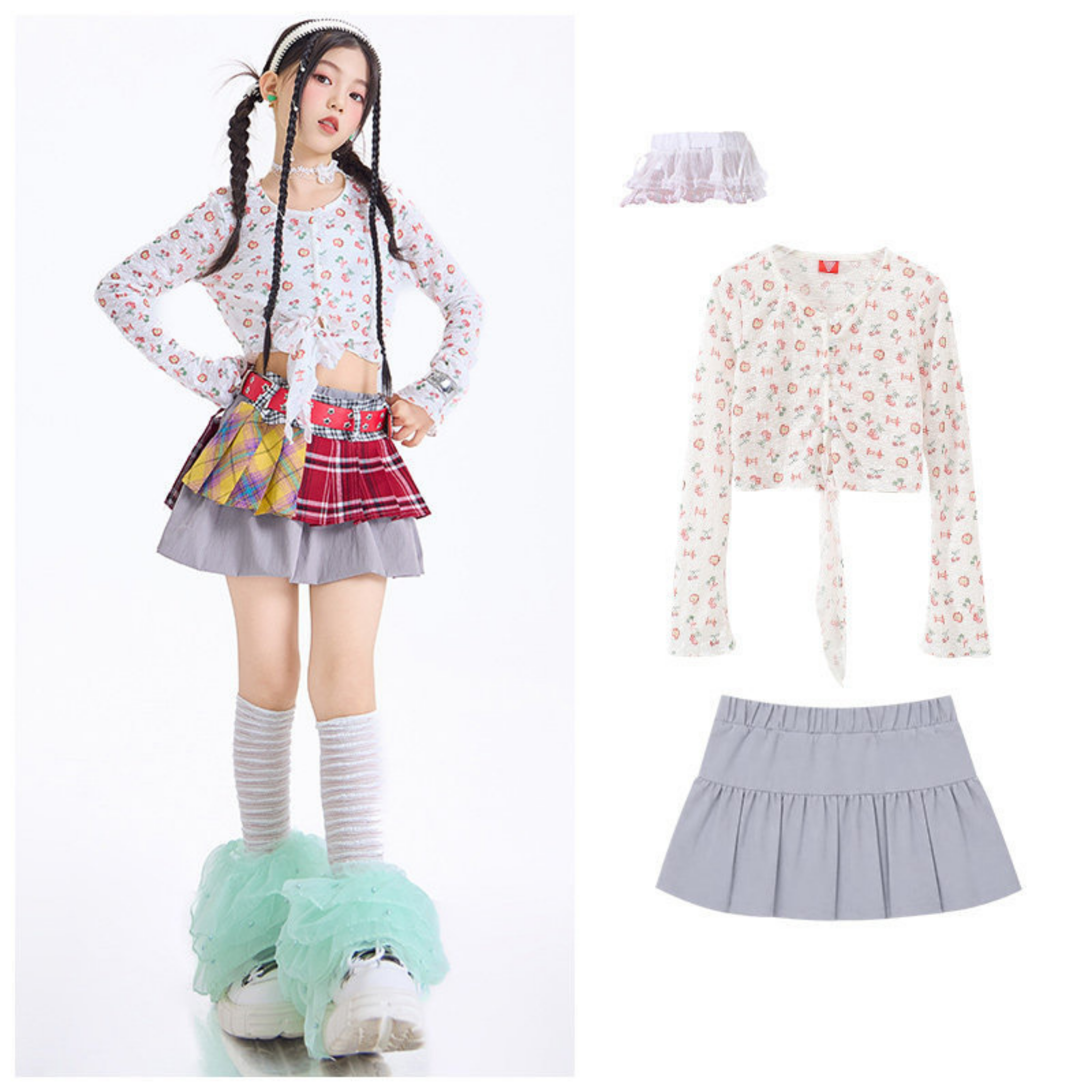 GIRLS フルーツプリント グレーティアードスカートセットアップ キッズダンス衣装