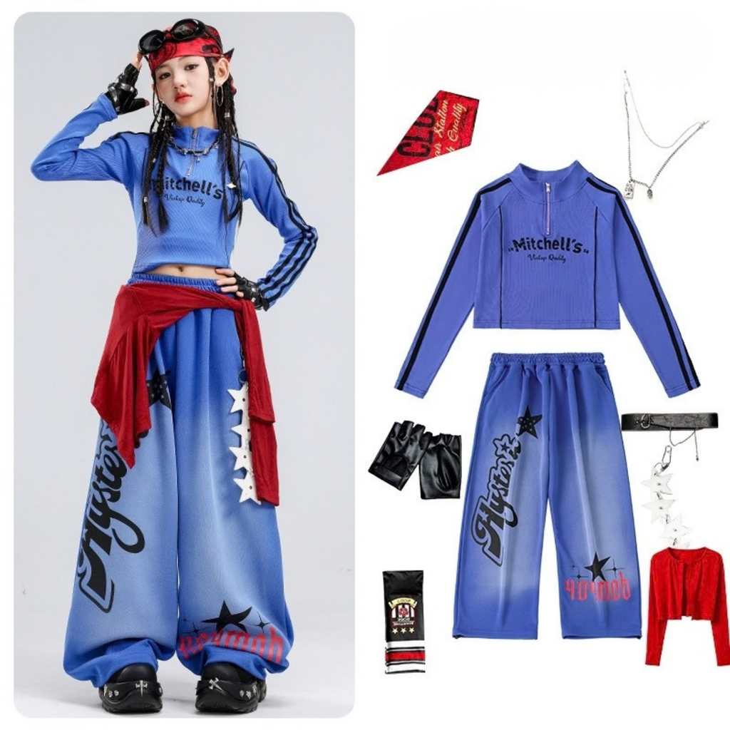 HIPHOP ブルーグラフィック ワイドパンツセットアップ キッズダンス衣装 着用イメージ3