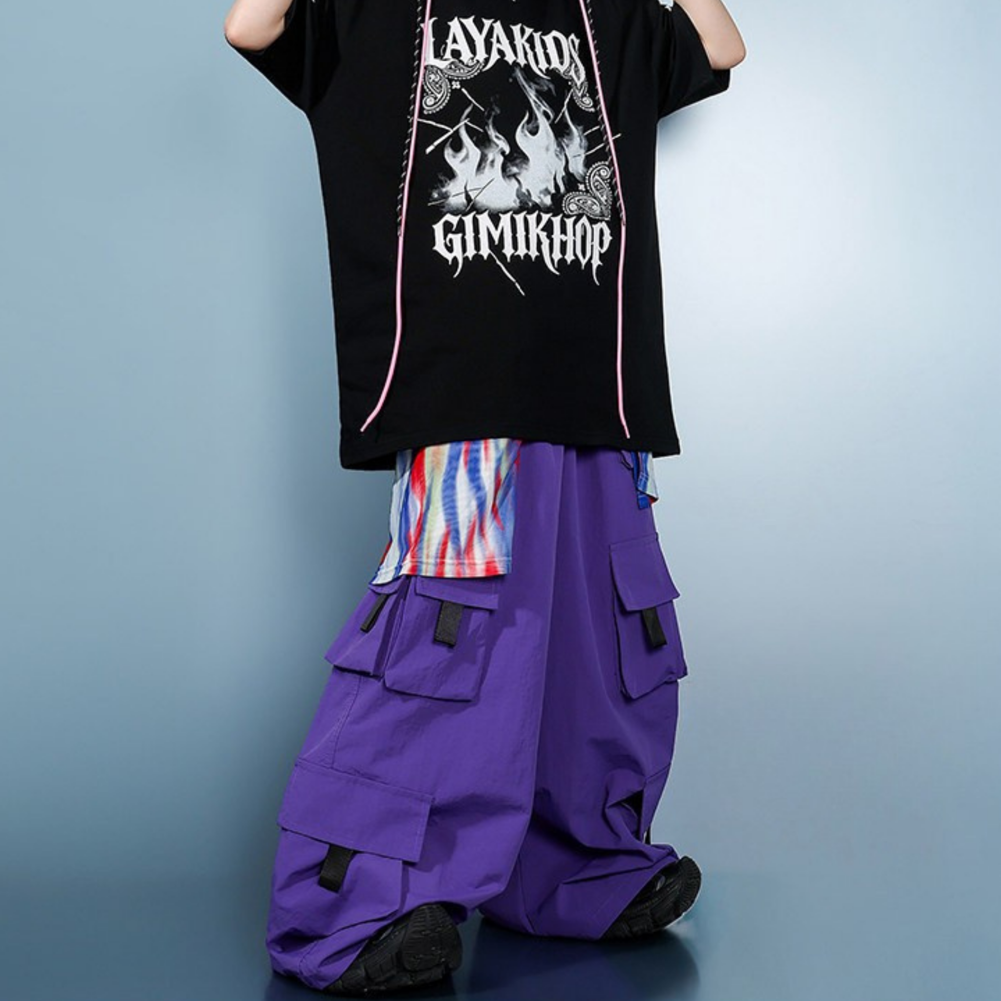 STREET ブラックグラフィック パープルカーゴセットアップ キッズダンス衣装
