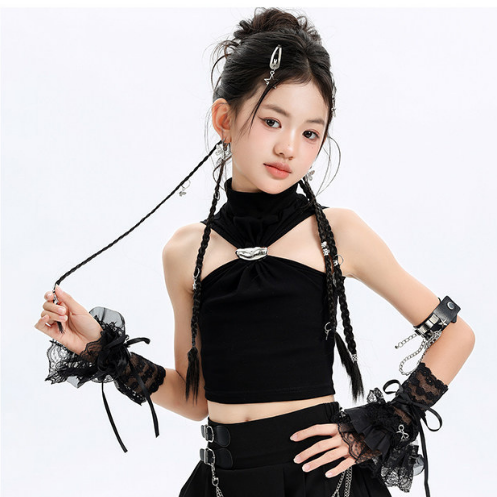GIRLS ブラックプリーツスカート セットアップ キッズダンス衣装