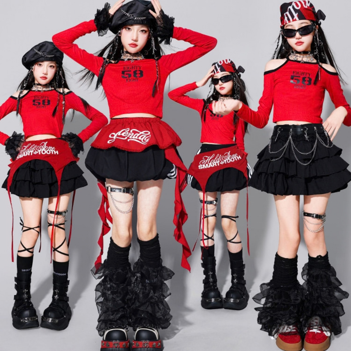 GIRLS レッド58グラフィック ティアードスカートセットアップ キッズダンス衣装｜商品イメージ3｜RAQS LUMINA
