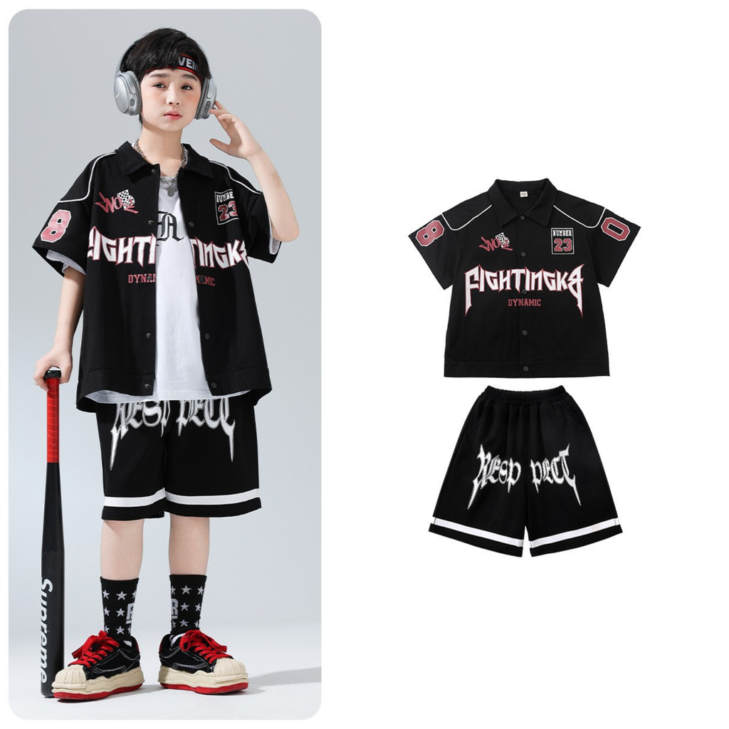 HIPHOP ブラックナンバー ハーフパンツセットアップ キッズダンス衣装