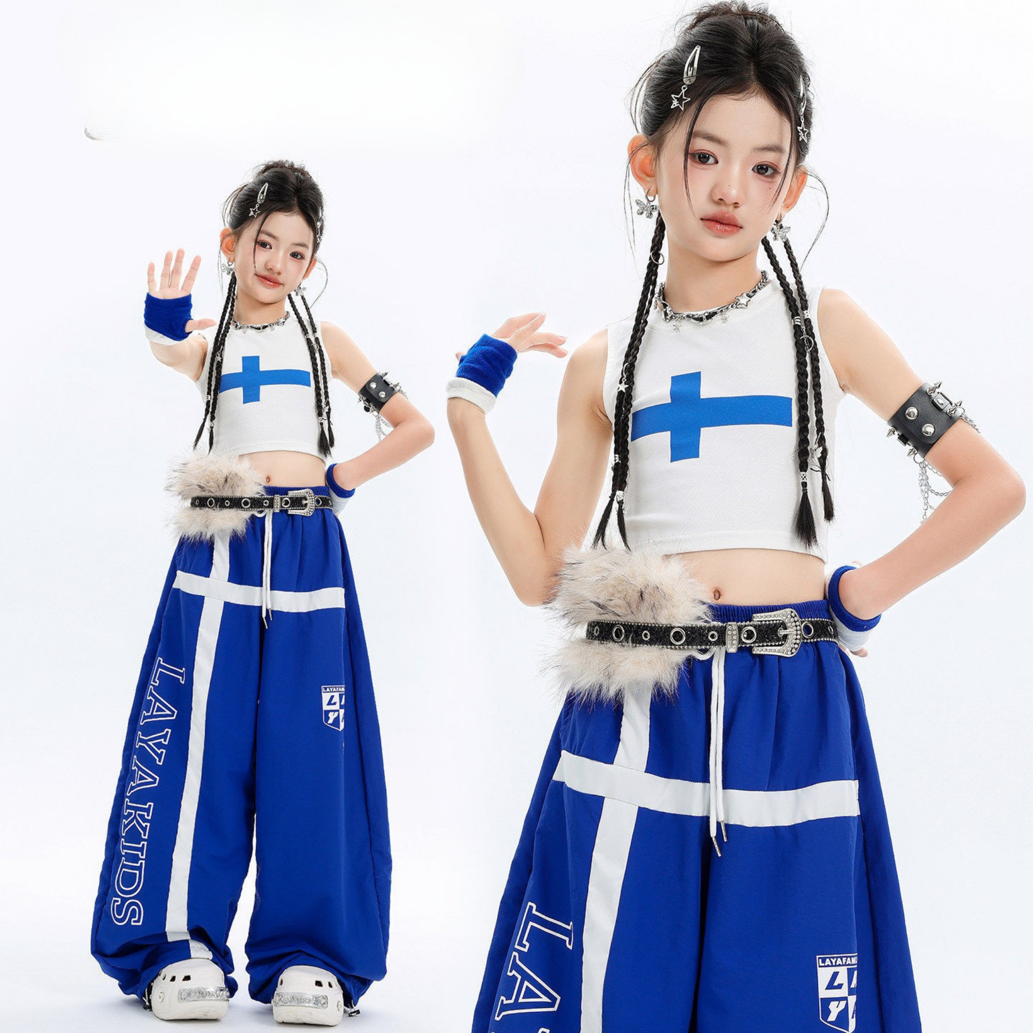 HIPHOP ブルークロス ワイドパンツセットアップ キッズダンス衣装