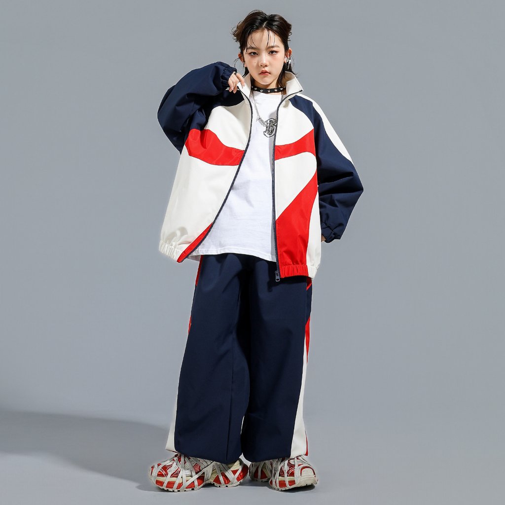 STREET ネイビーレッド カラーブロックセットアップ キッズダンス衣装