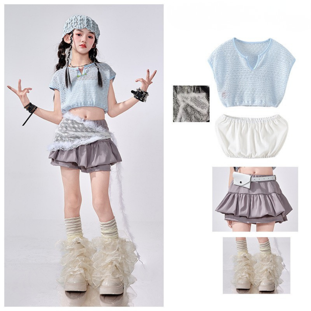 K-POP アイスブルーニット ティアードスカートセットアップ キッズダンス衣装