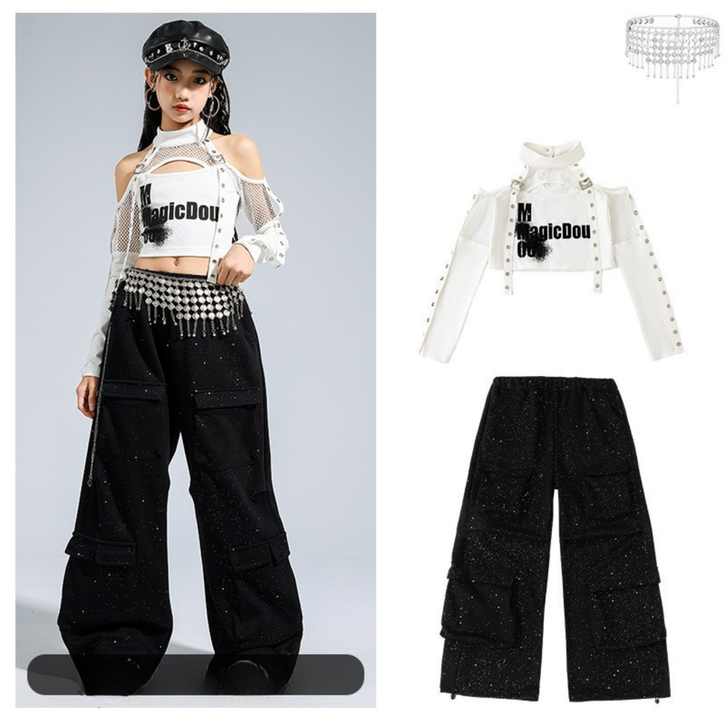 K-POP ホワイトカットアウト ブラックグリッターカーゴセットアップ キッズダンス衣装