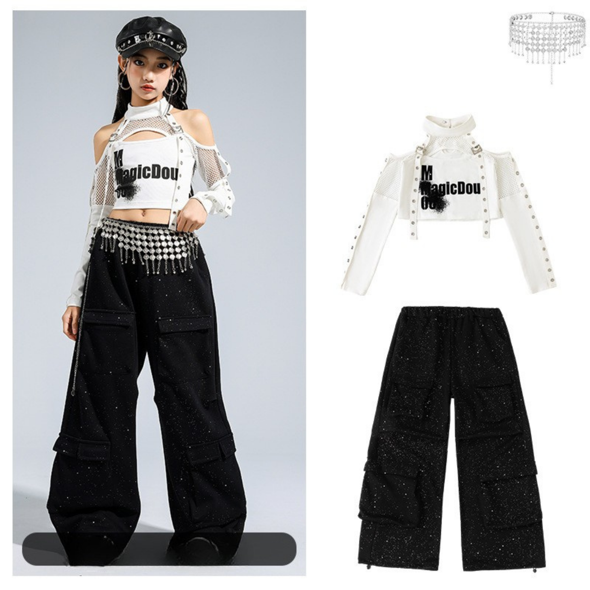K-POP ホワイトカットアウト ブラックグリッターカーゴセットアップ キッズダンス衣装