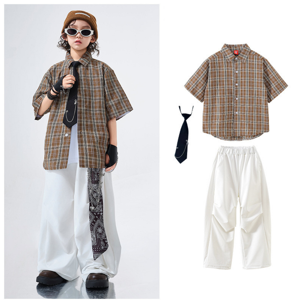 STREET ブラウンチェック ホワイトワイドパンツセットアップ キッズダンス衣装