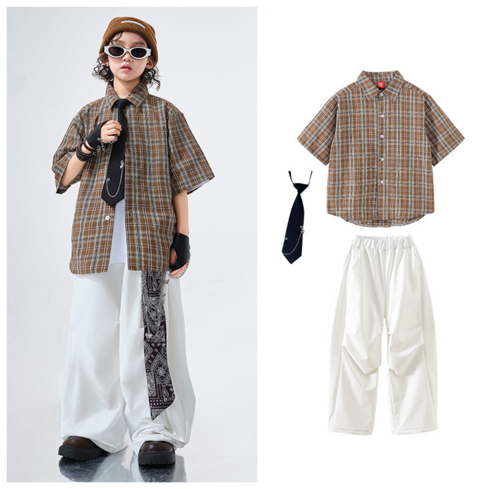 STREET ブラウンチェック ホワイトワイドパンツセットアップ キッズダンス衣装