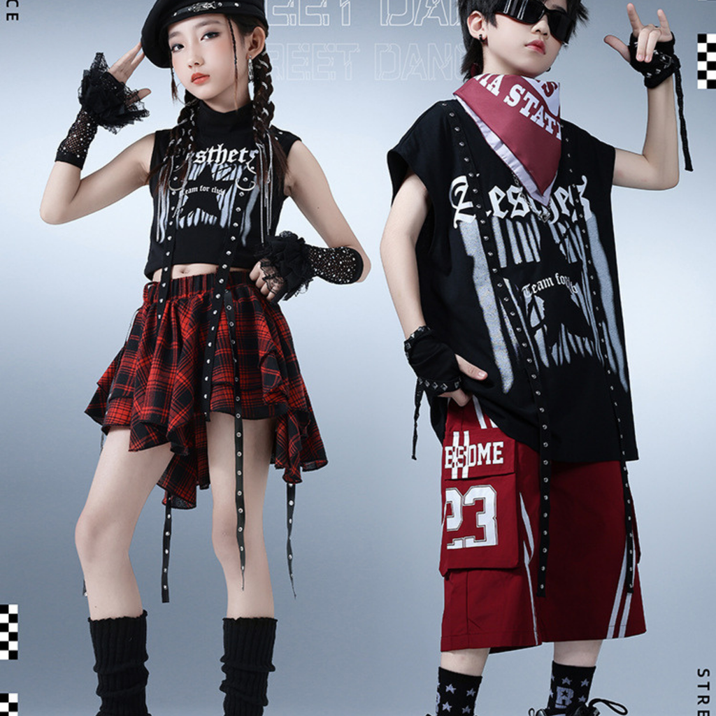 HIPHOP ブラックスタッズ レッドセットアップ キッズダンス衣装