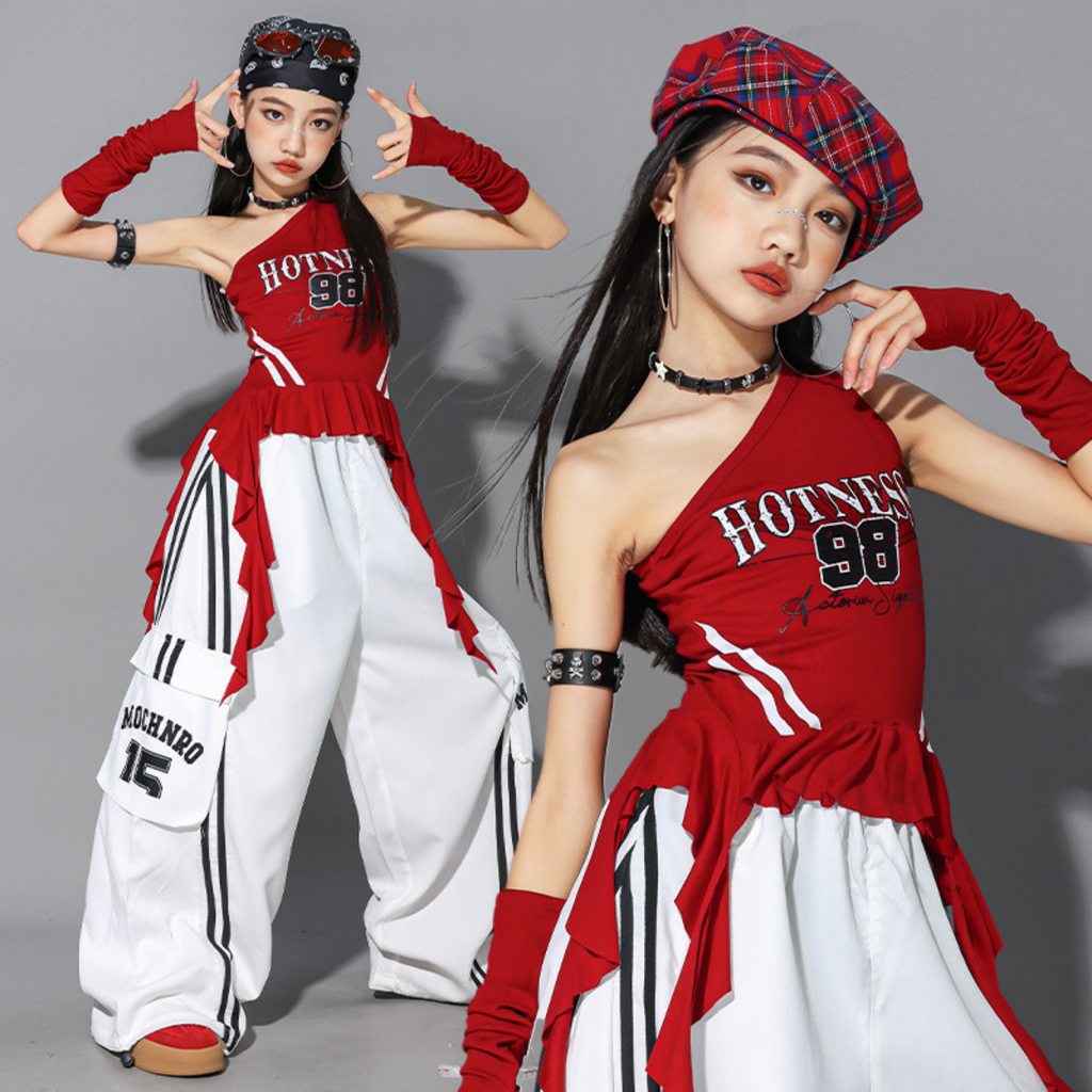 GIRLS レッドワンショルダー カーゴパンツセットアップ キッズダンス衣装