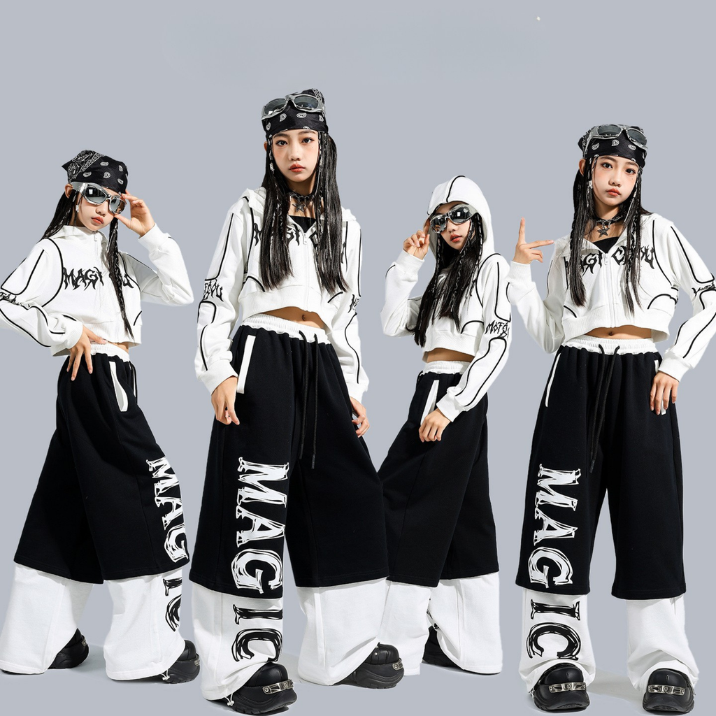 STREET ホワイトグラフィック レイヤードワイドパンツセットアップ キッズダンス衣装