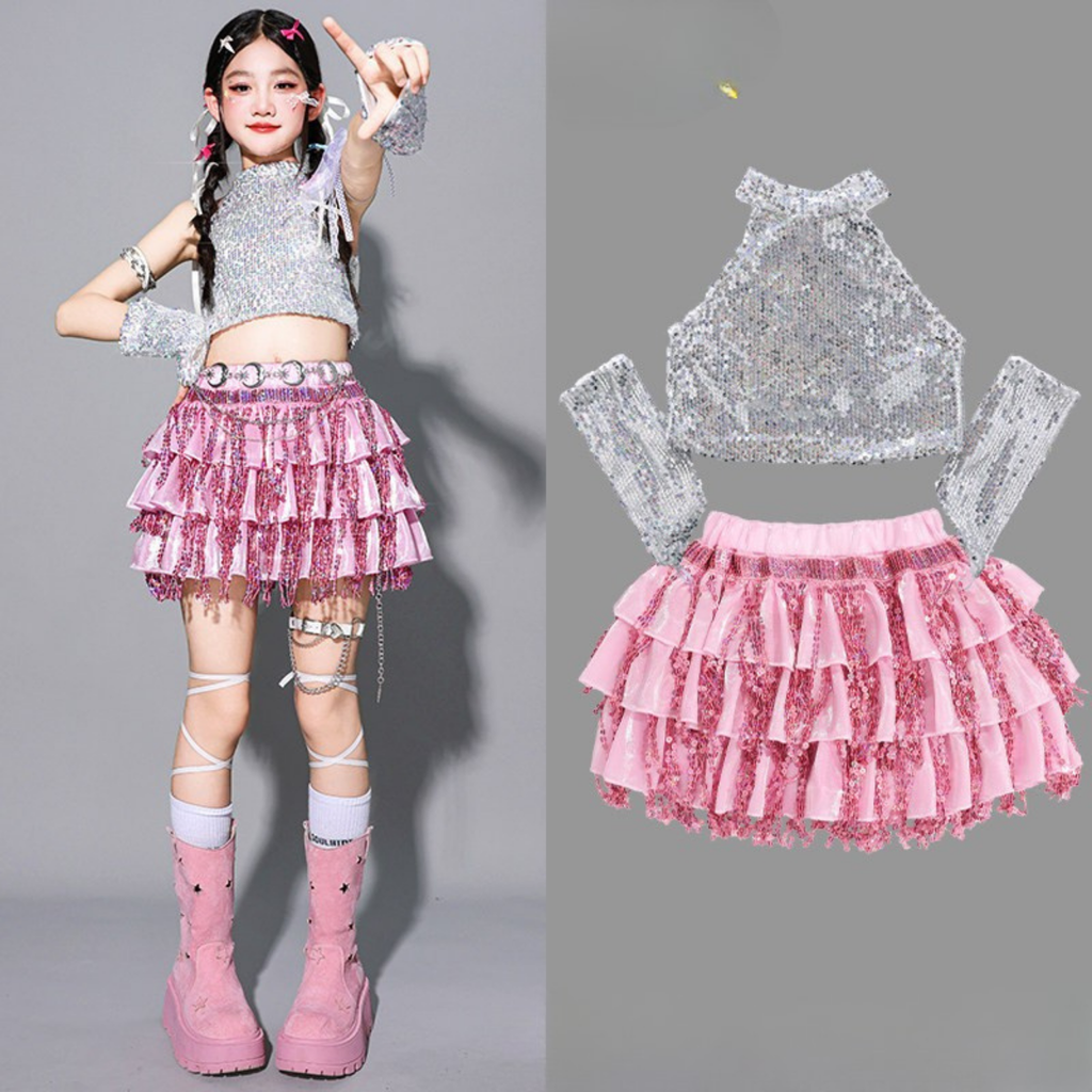 GIRLS ピンクシルバー スパンコールフリルセットアップ キッズダンス衣装