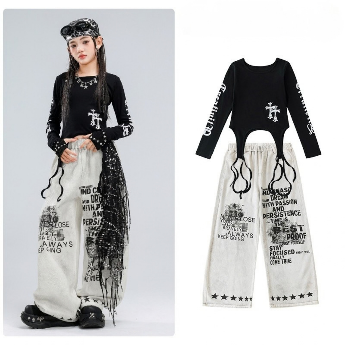 HIPHOP ブラッククロス ホワイトグラフィックワイドパンツセットアップ キッズダンス衣装 商品画像6
