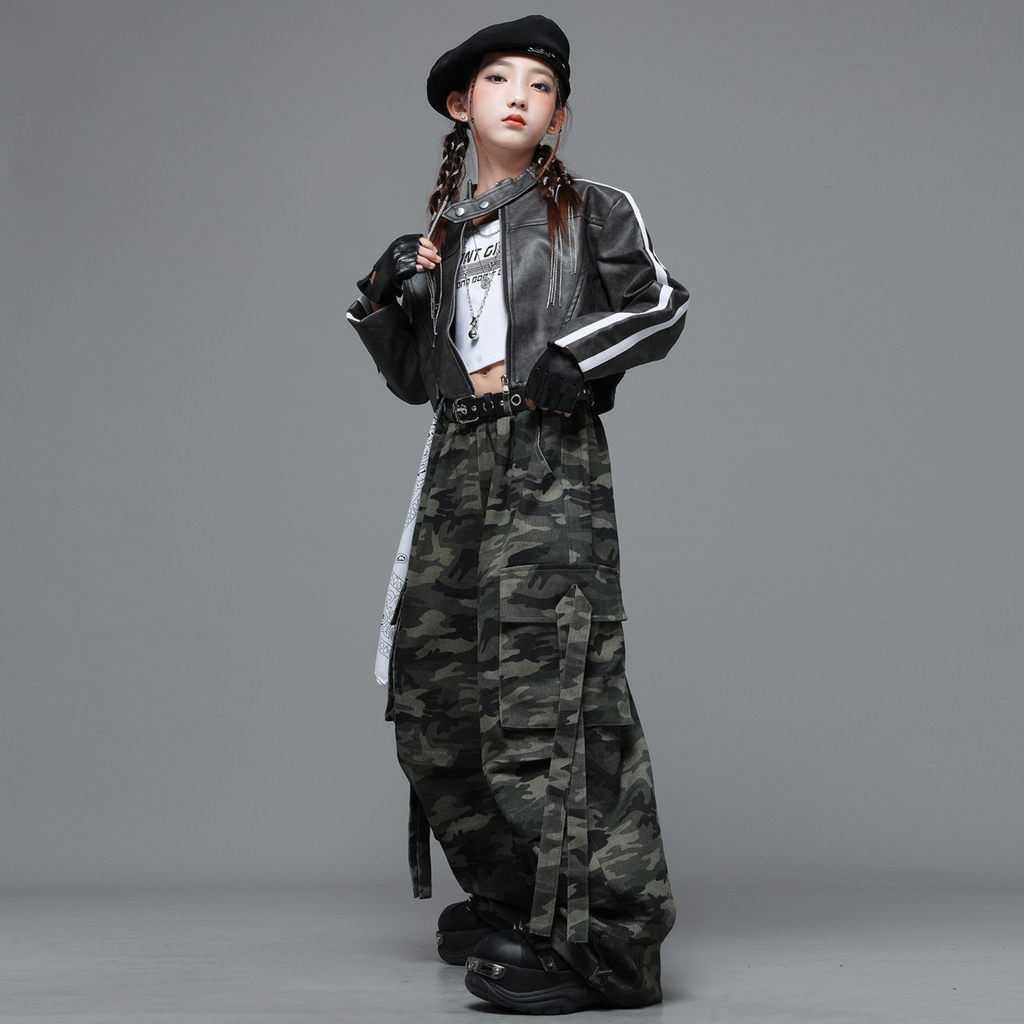 STREET ブラックジャケット カモフラージュワイドパンツセットアップ キッズダンス衣装