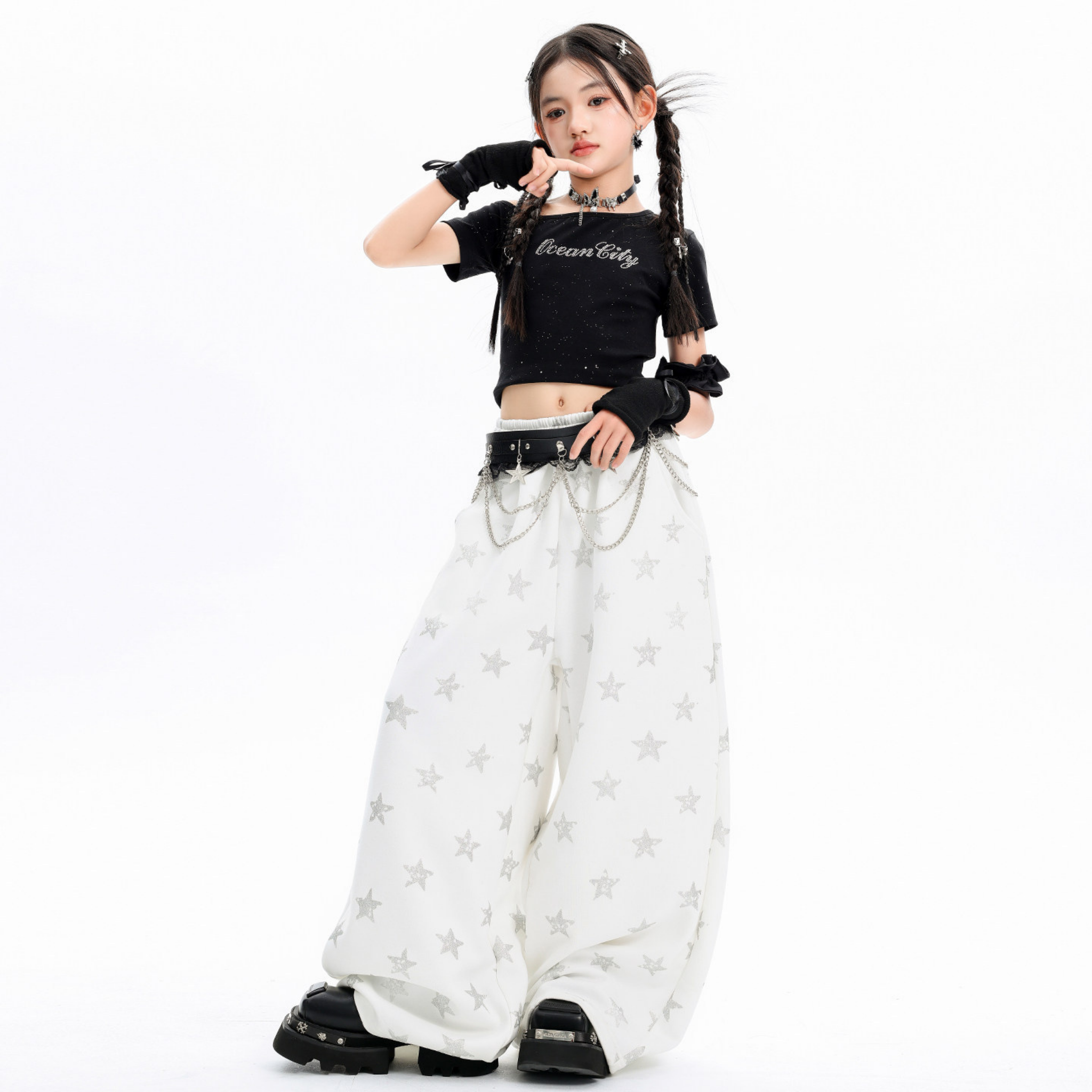 K-POP ブラックグリッター スターワイドパンツセットアップ キッズダンス衣装