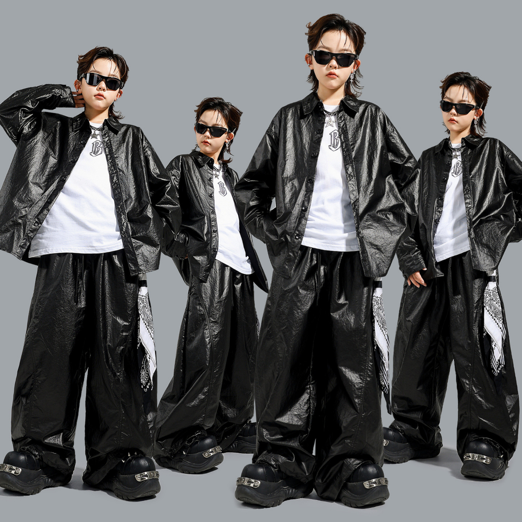STREET ブラックシャイニー ワイドパンツセットアップ キッズダンス衣装