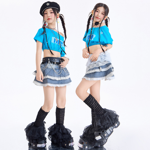 GIRLS ブルークロップトップ デニムフリルスカートセットアップ キッズダンス衣装 商品画像1
