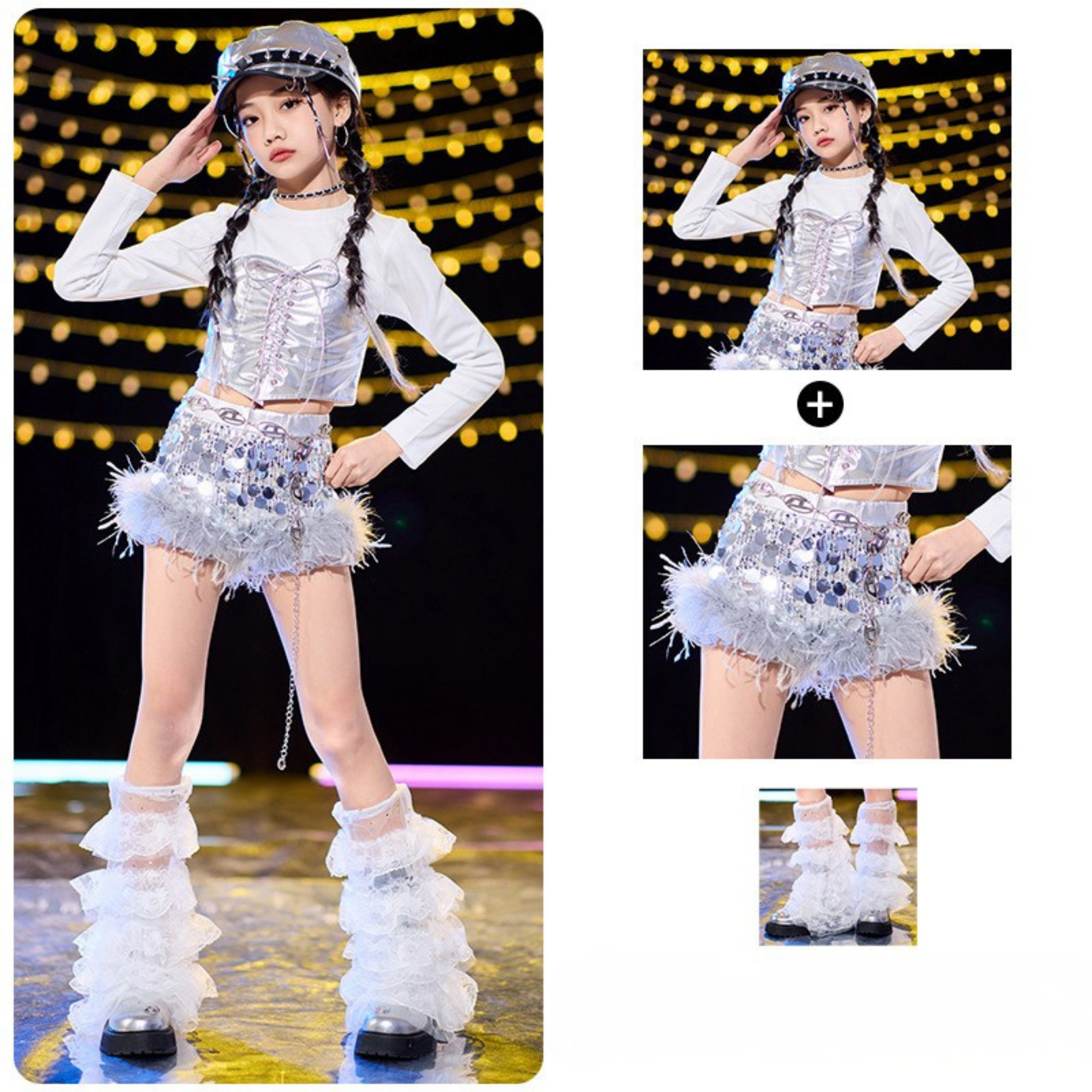 K-POP シルバーフェザー ショートパンツセットアップ キッズダンス衣装