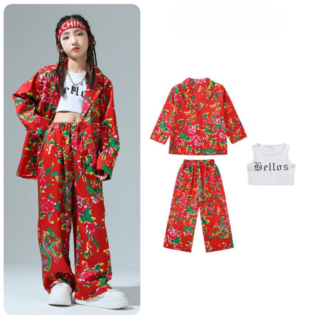 HIPHOP レッドフラワー セットアップ キッズダンス衣装