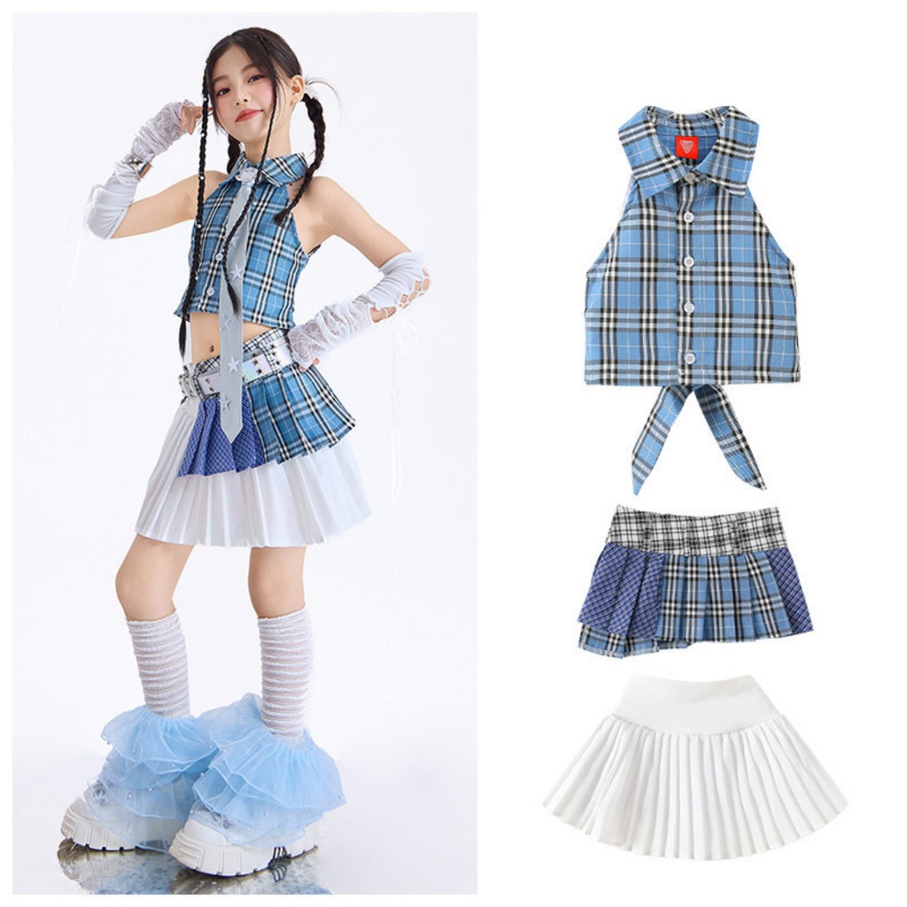 GIRLS ブルーチェック プリーツスカートセットアップ キッズダンス衣装