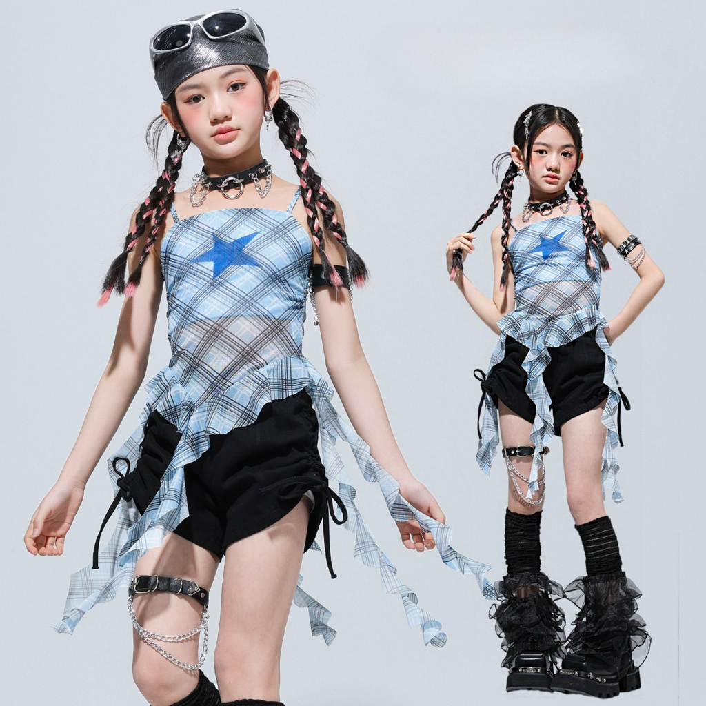 GIRLS ブルーチェック フリルショートパンツセットアップ キッズダンス衣装 商品画像1