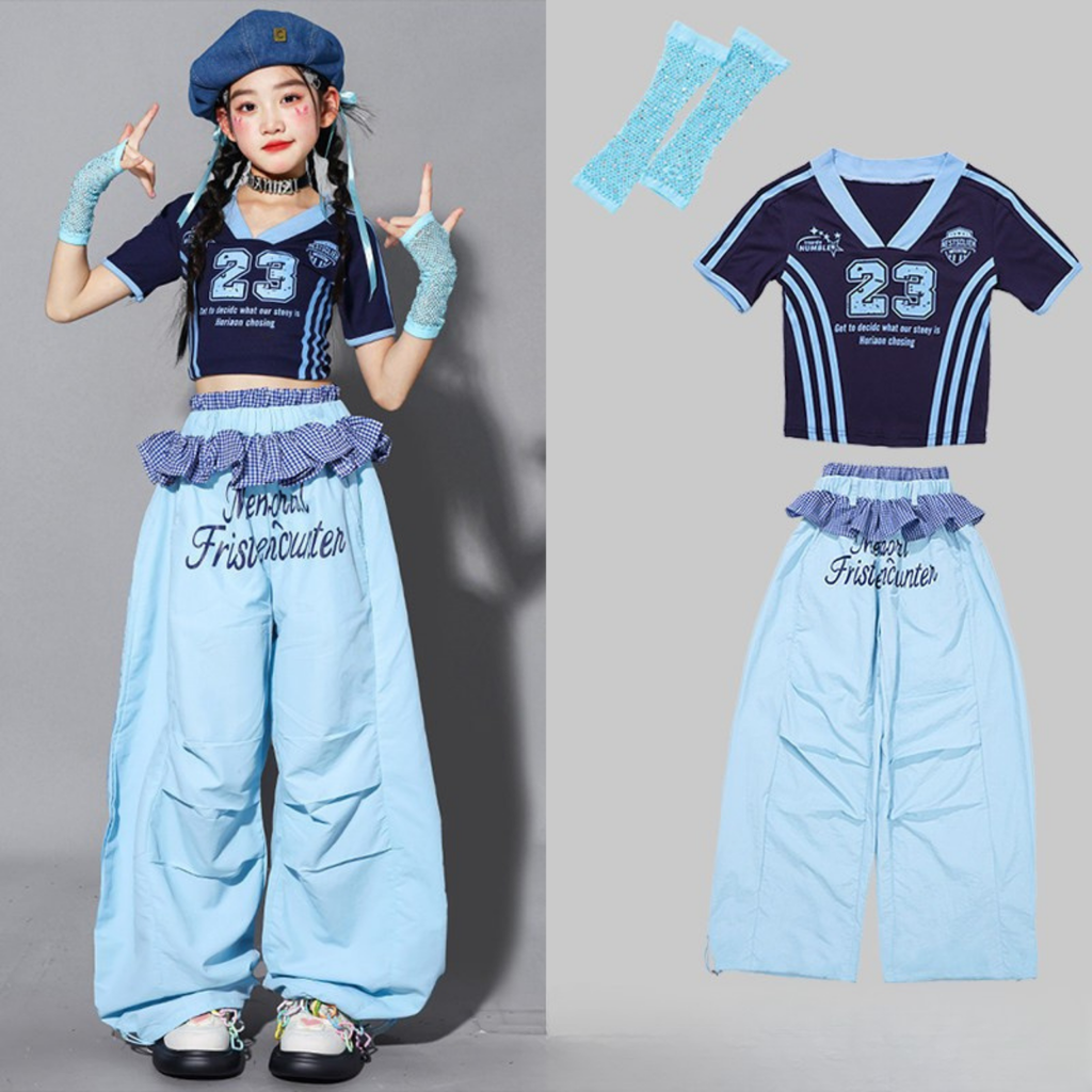 HIPHOP ライトブルーナンバー ワイドパンツセットアップ キッズダンス衣装