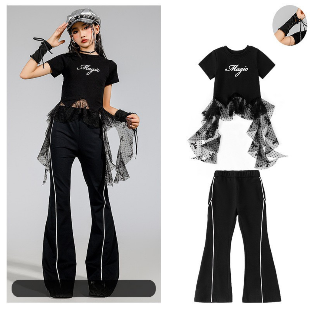 K-POP ブラックドットチュール フレアパンツセットアップ キッズダンス衣装