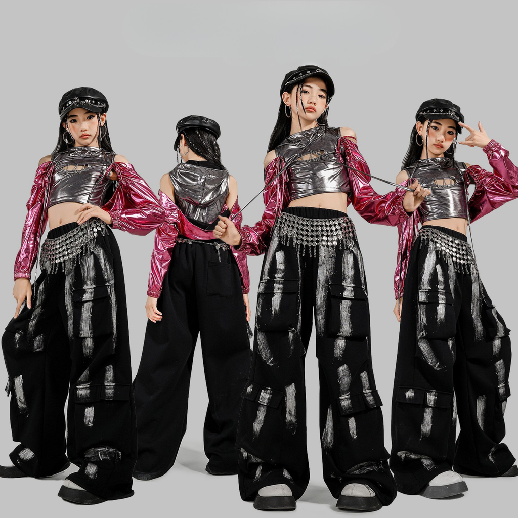 K-POP メタリックシルバー ピンクカーゴセットアップ キッズダンス衣装