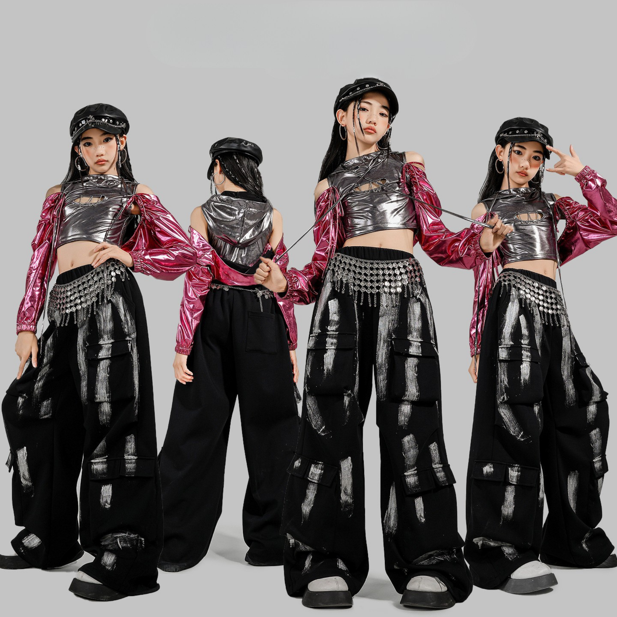 K-POP メタリックシルバー ピンクカーゴセットアップ キッズダンス衣装