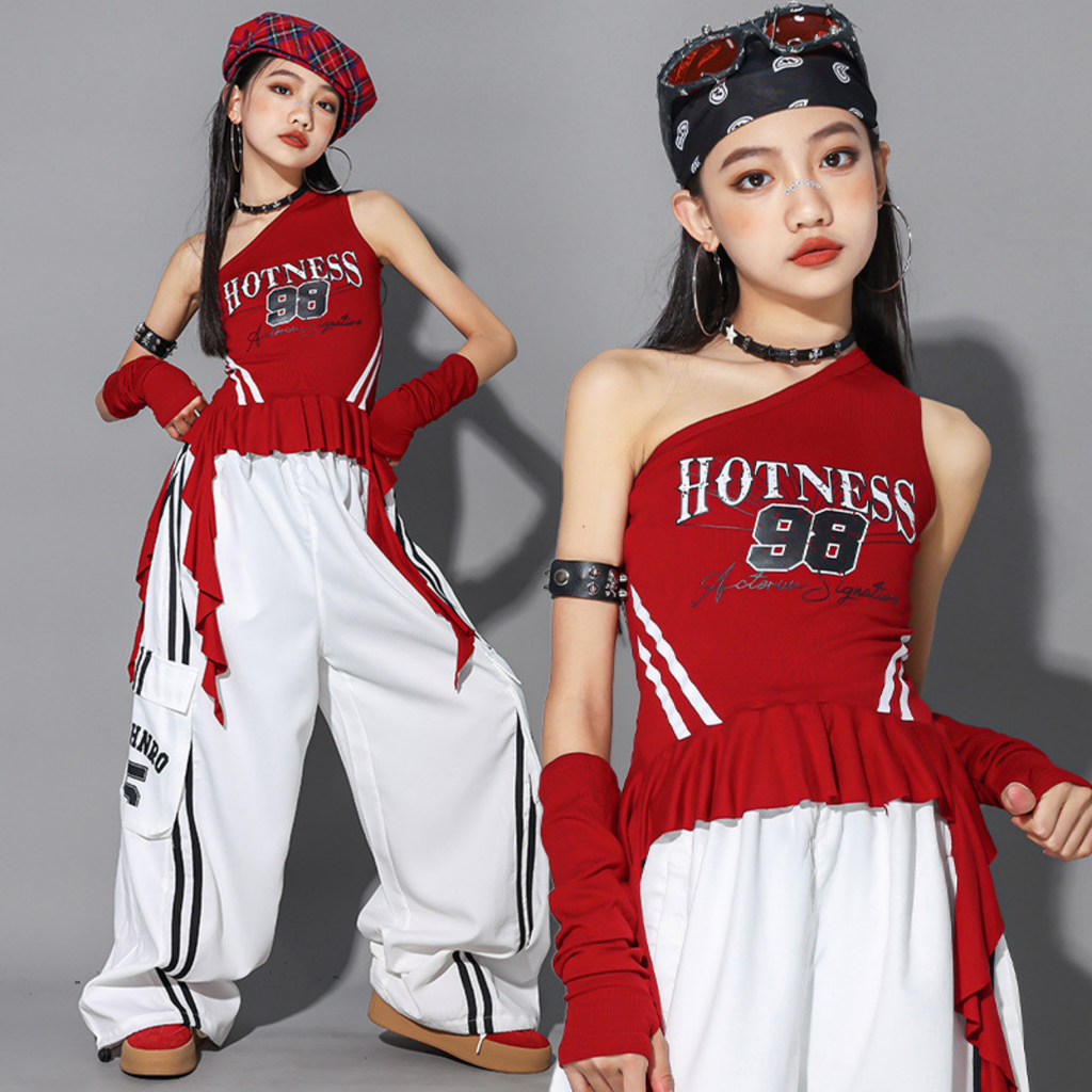 GIRLS レッドワンショルダー カーゴパンツセットアップ キッズダンス衣装